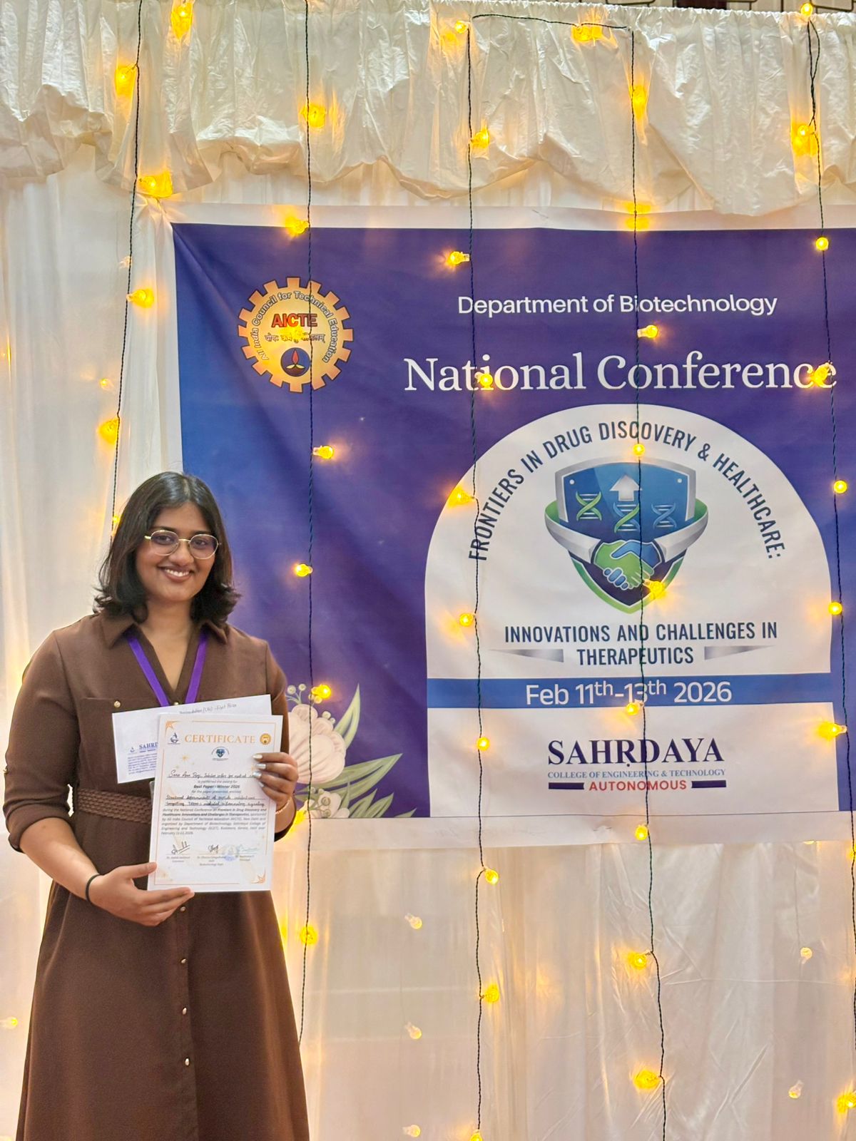 Best Oral Presentation Award in the National Conference in Drug Discovery & Healthcare, held at Sahrdaya College of Engineering & Technology